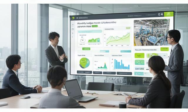 製造業の予算計画ダッシュボードを会議室で確認する経営企画担当者