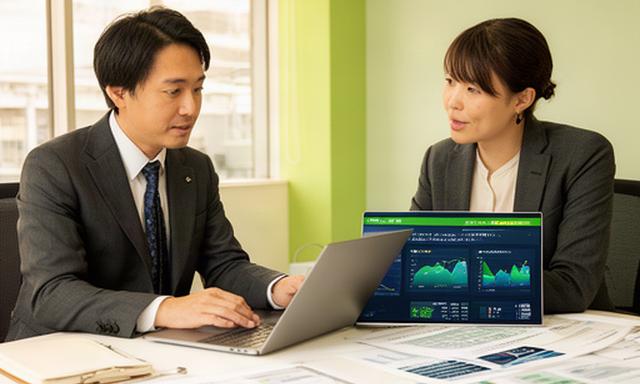 一宮市のオフィスで予算計画データを確認するAIエンジニアと経営コンサルタント